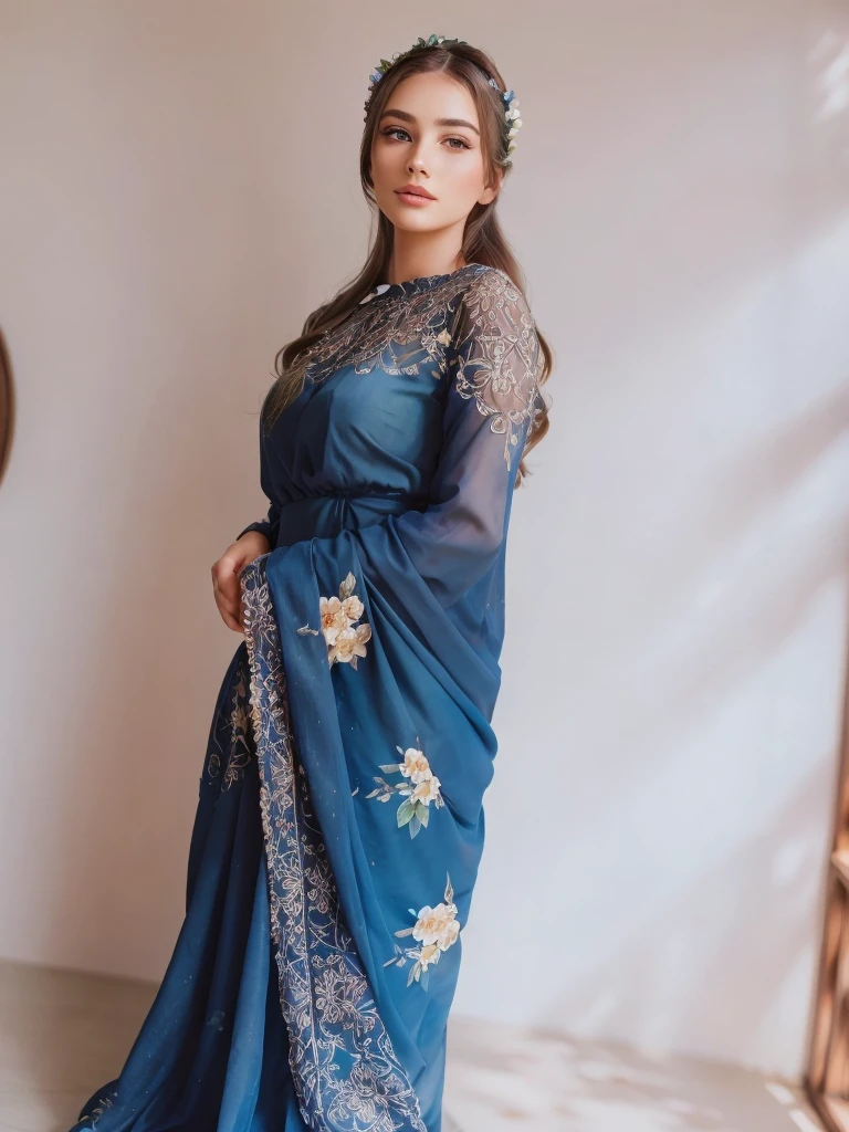 a beautiful girl in a lush garden, beautiful detailed eyes,beautiful detailed lips,extremely detailed eyes and face,long eyelashes, elegant flower crown,elegant floral dress, sitting on grass,sunlight shining through trees,soft natural lighting,vibrant colors,photorealistic,masterpiece,best quality,8k,ultra-detailed,realistic