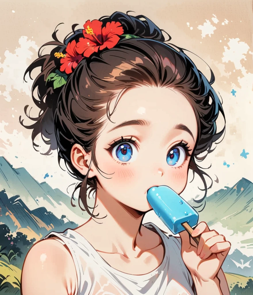 Eating a popsicle、Give me one bite、hibiscus、Cartoon style character design，1 Girl, alone，Big eyes，Cute expression，Tank top、interesting，interesting，Clean Lines