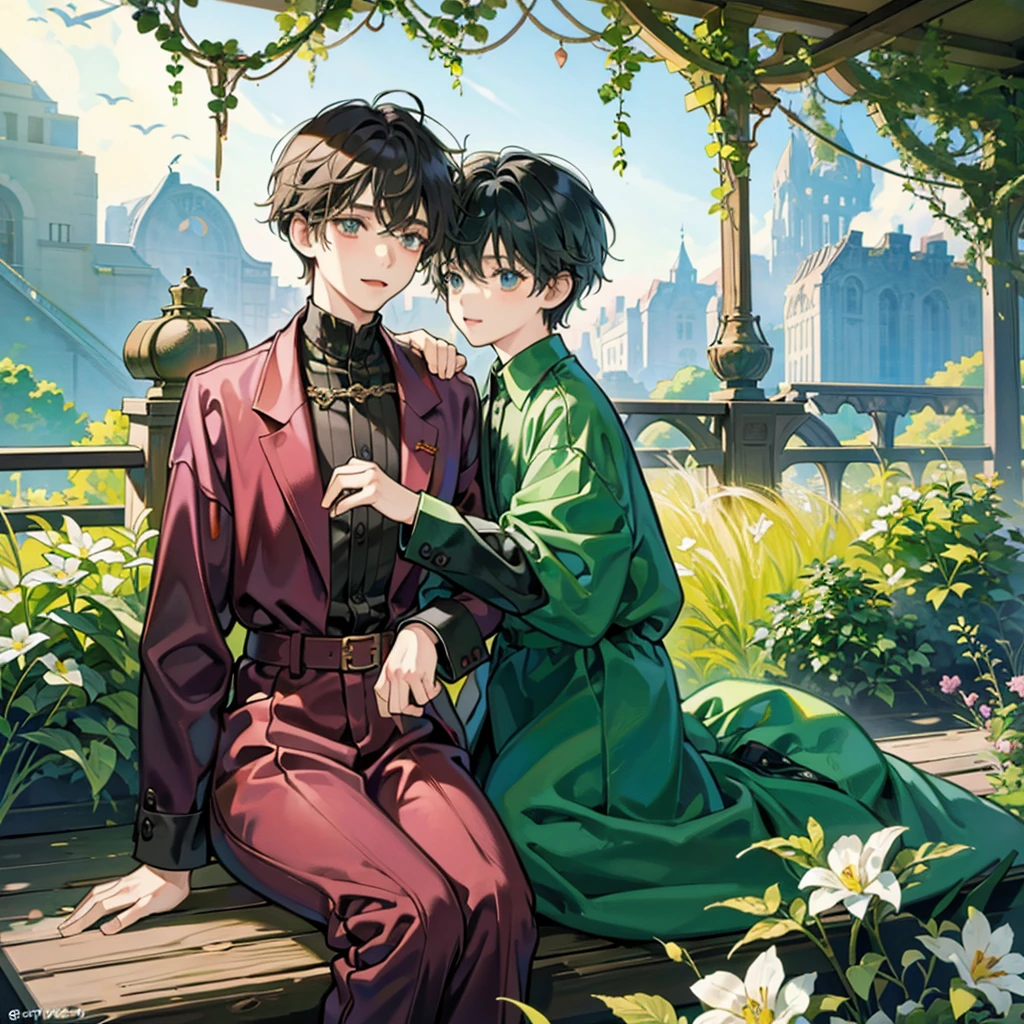 Two male children playing The two children are 9 years old I are short and happy in a beautiful garden