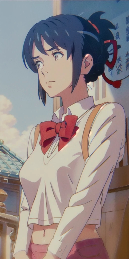 miyamizu_mitsuha, red bowtie,
jewelry, white yoga crop top, white yoga tight shorts, hands on chest,see-through, looking at viewer,  hair ornament, choker, shy,
(masterpiece, top quality, best quality, official art, beautiful and aesthetic:1.2), (1 girl), extreme detailed,  colorful, highest detailed,
(huge breasts:1.2, upper body, from below,  cameltoe,  ) white panties,
china city,street,  sun, cloud, wall, leaning,