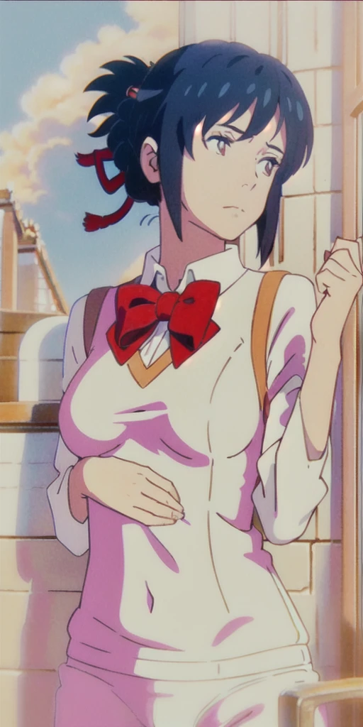 miyamizu_mitsuha, red bowtie,
jewelry, white yoga crop top, white yoga tight shorts, hands on chest,see-through, looking at viewer,  hair ornament, choker, shy,
(masterpiece, top quality, best quality, official art, beautiful and aesthetic:1.2), (1 girl), extreme detailed,  colorful, highest detailed,
(huge breasts:1.2, upper body, from below,  cameltoe,  ) white panties,
china city,street,  sun, cloud, wall, leaning,