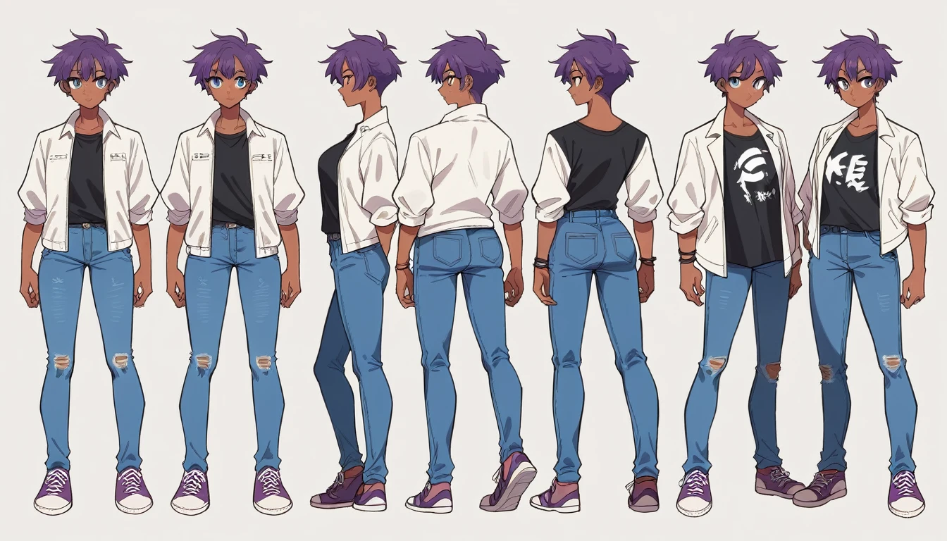 2D model reference sheet of anime girl, short purple hair, white jacket with blue flower designs on the jacket, black t-shirt, denim jeans, purple and whir sneakers, white background, tan skin, light blue eyes, front side and back views, turnaround