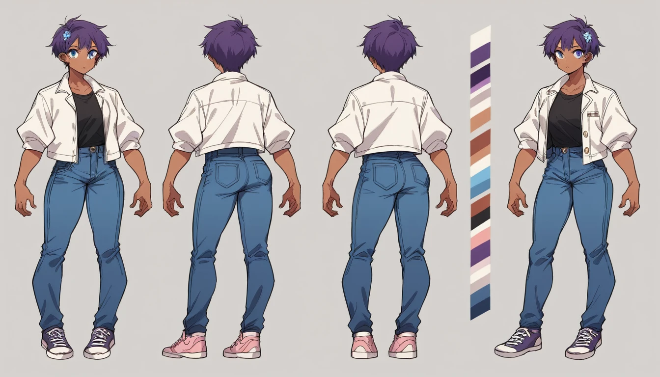 2D model reference sheet of anime girl, short purple hair, white jacket with blue flower designs on the jacket, black t-shirt, denim jeans, purple and whir sneakers, white background, tan skin, light blue eyes, front side and back views, turnaround