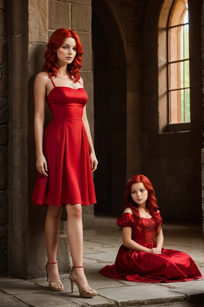 Create a images of red hair and red dress princess in castle
