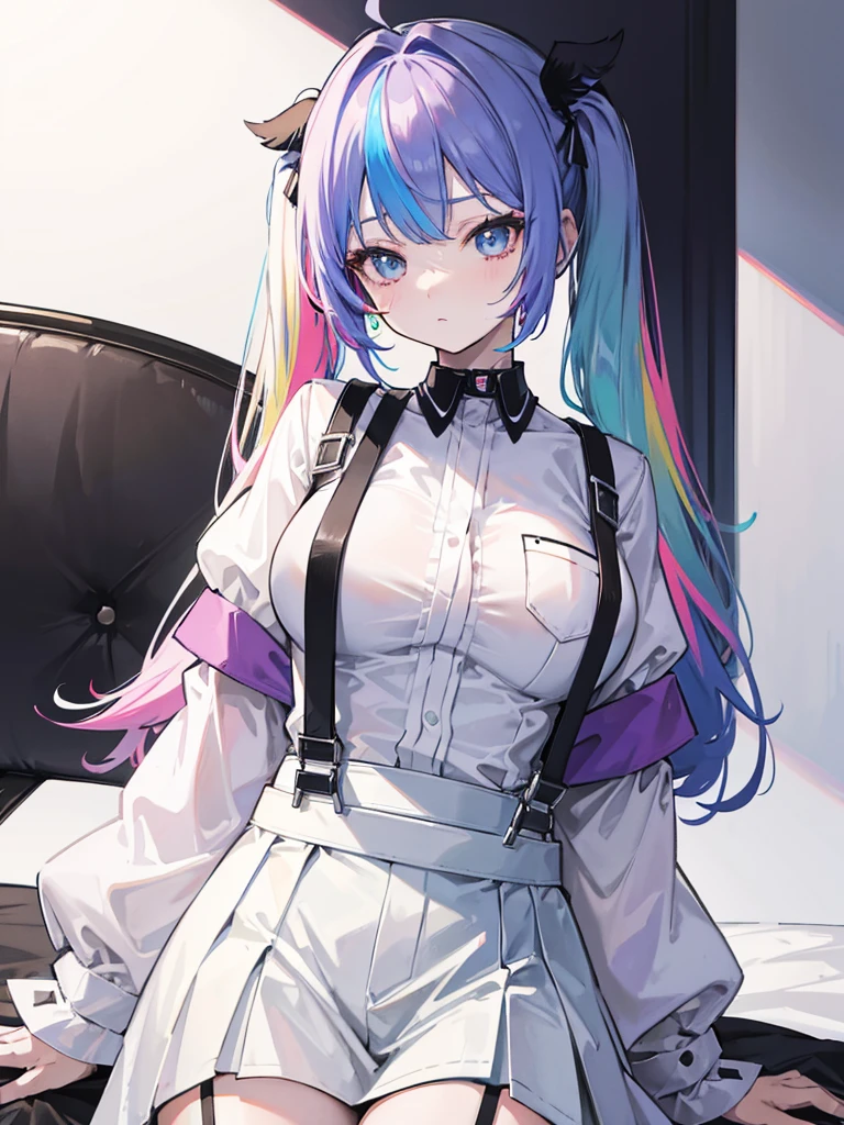 rainbow colored hair, twin tail, Moderate breasts, White uniform, black choker, black suspenders, Off shoulder