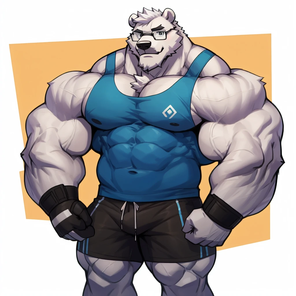 solo, 1boy, Huge Muscular White Polar Bear wearing glasses, huge white fur, pectoral, huge pectoral, wide pectoral, short white hair, blue colored gym short pants, blue colored wristbands and blue colored tank top, white bearded, white Mustache, white fur, simple background, masterpiece, high detailed, 8k, high resolution, at the gym, flexes huge muscles