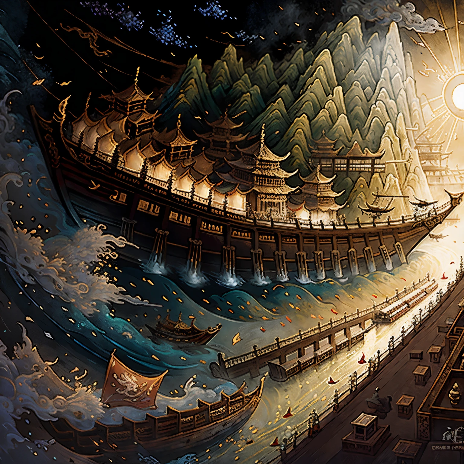 ancient chinese painting, Ancient Capital,canal,Ancient store,Crowd of,Ship, Light of the sun, masterpiece, Super Detail, A magnificent composition, Hyper HD, high quality, Very detailed, Official Art, unity 8k wallpaper, Super Detail, 32k -- V 6