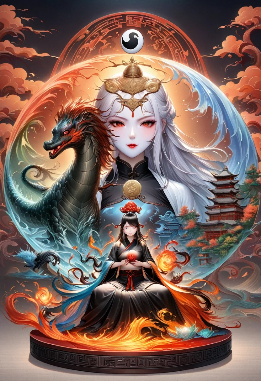 (, balance, yin-yang), Chinese silk painting, Principles of Tai Chi, Fluid Movement, Interrelated elements, Interaction of opposing forces, Taoism哲学, Somewhat《I Ching》the taste of, Warm and cool color palettes, Reflective Art, Inspired by Lao Tzu, Zhuangzi,  Yin-Yang diagram, taijitu, Gossip, Fusion with matter,1 Girl,Solitary, grabbing breast,, Taoism, Invoke Magic,  light,  Ice and Fire, Gossip背景, Gossip图, yi yang, Taoism practice, Mediation Conference, Buddha sitting,  Spiralosaurus, Yunlong is at the top,  8K