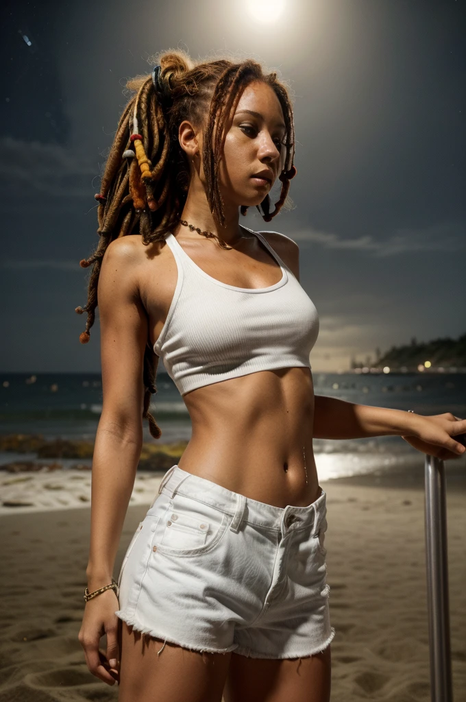 Realistic, 1girl, solo, tanned skin woman with ginger rasta hair, dreadlocks ponytail, medium height, normal body, short and fat legs, dressed in white top tank, black jeans shorts, look to the sky in the night beach background, show whole body, full body