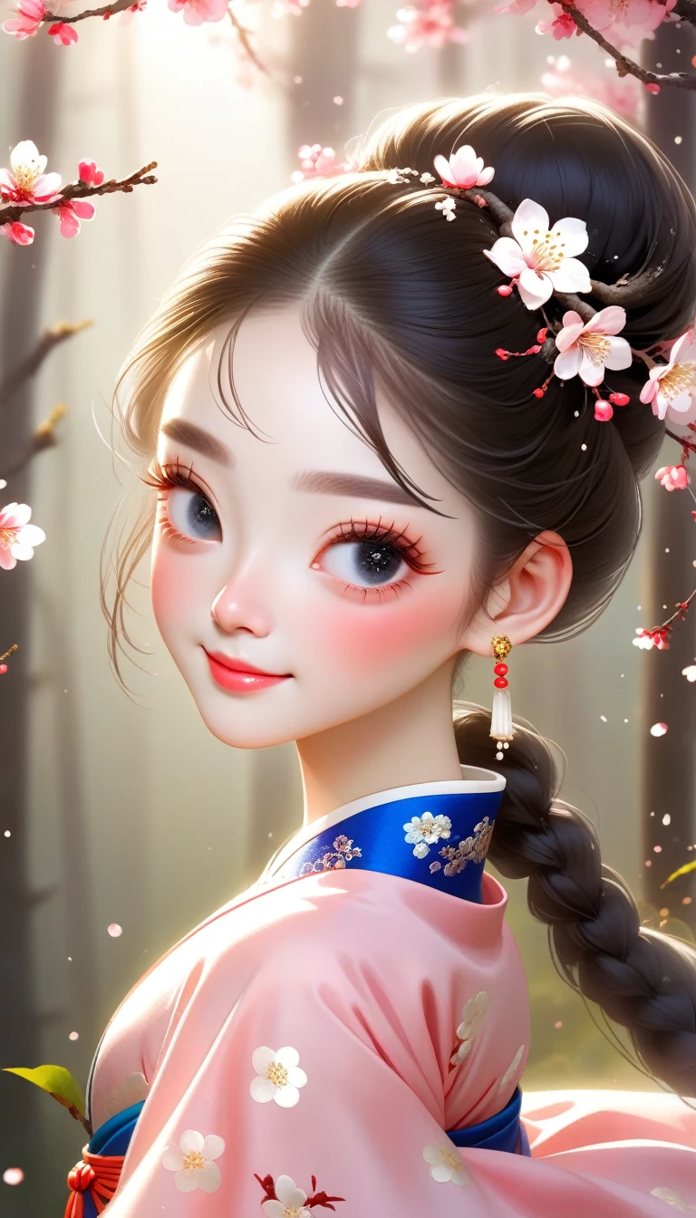 Superb Quality, Masterpiece, High Resolution, 1Girl, Blush, (Charming Smile: 0.8), Star Eyes, Chinese Hanfu, Hair Accessories, Jewelry, Beauty, on_body, Tyndall Effect, Realistic, Peach Blossom Forest, Light Edge, Two-tone Lighting, (High Detail Skin: 1.2), 8K UHD, DSLR, Soft Light, High Quality, Volume Lighting, Voyeur, Photo, High Resolution, 4K, 8K, Background Blur