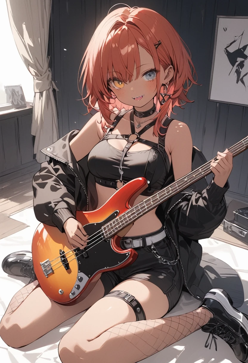 full body,1 woman, 20 years old (cute:1.3),short red Hair, left eye blue, right eye yellow, tan skin, freckles, sharp teeth,{open sexy clothes, black skirt, Black stockings, long sleeves, chest harness, black shirt, crop top, shorts, Shoes, O-Ring, midriff, off shoulder, medium breasts, thigh strap, shorts, fishnet stockings,Glossy, shiny material, sitting on bedroom floor, holding a bass guitar, strumming bass guitar, masterpiece, 8k, very highly detailed