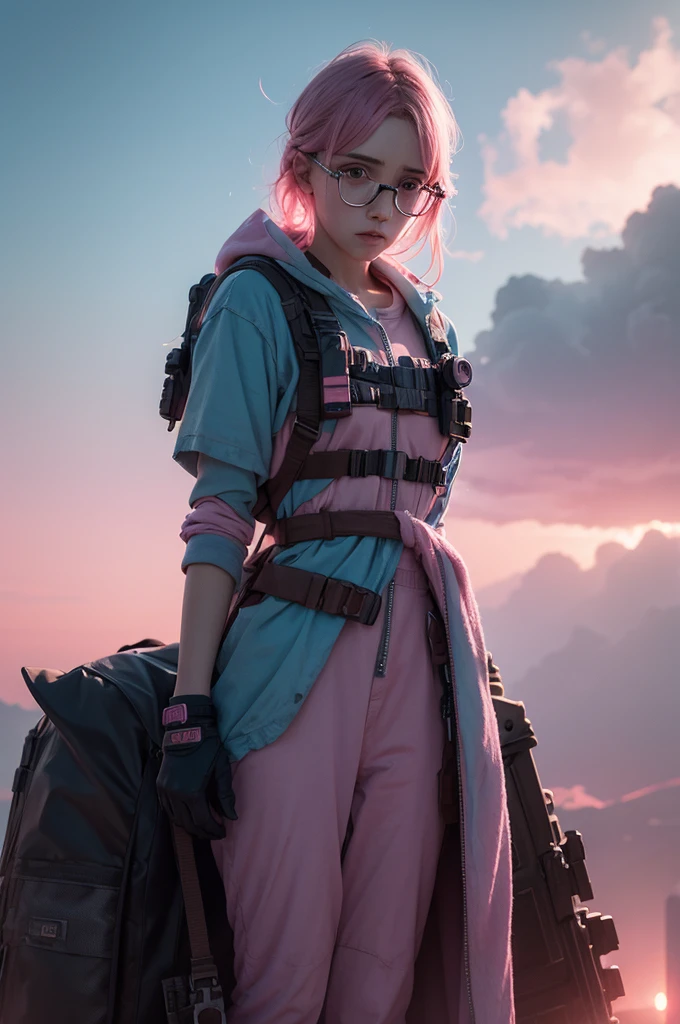 A very realistic image, apocalyptic, 8K, pink and light blue color palette, glasses