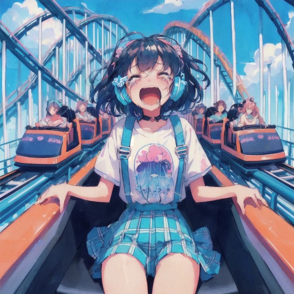 roller coasterに乗っているクラゲのTシャツを着たアニメの女の子, Crying hard,80s anime style, Lo-fi Girl, Anime Aesthetics, amusement park, Anime Aesthetics, Dreamy psychedelic anime, cute aesthetics, vehicle, Anime illustration, roller coaster, Anime Graphic Illustration, Anime-style illustrations, Girl Screamin' Yoro - Esthetics, Decora style illustrations, junko enoshima, lofi album art