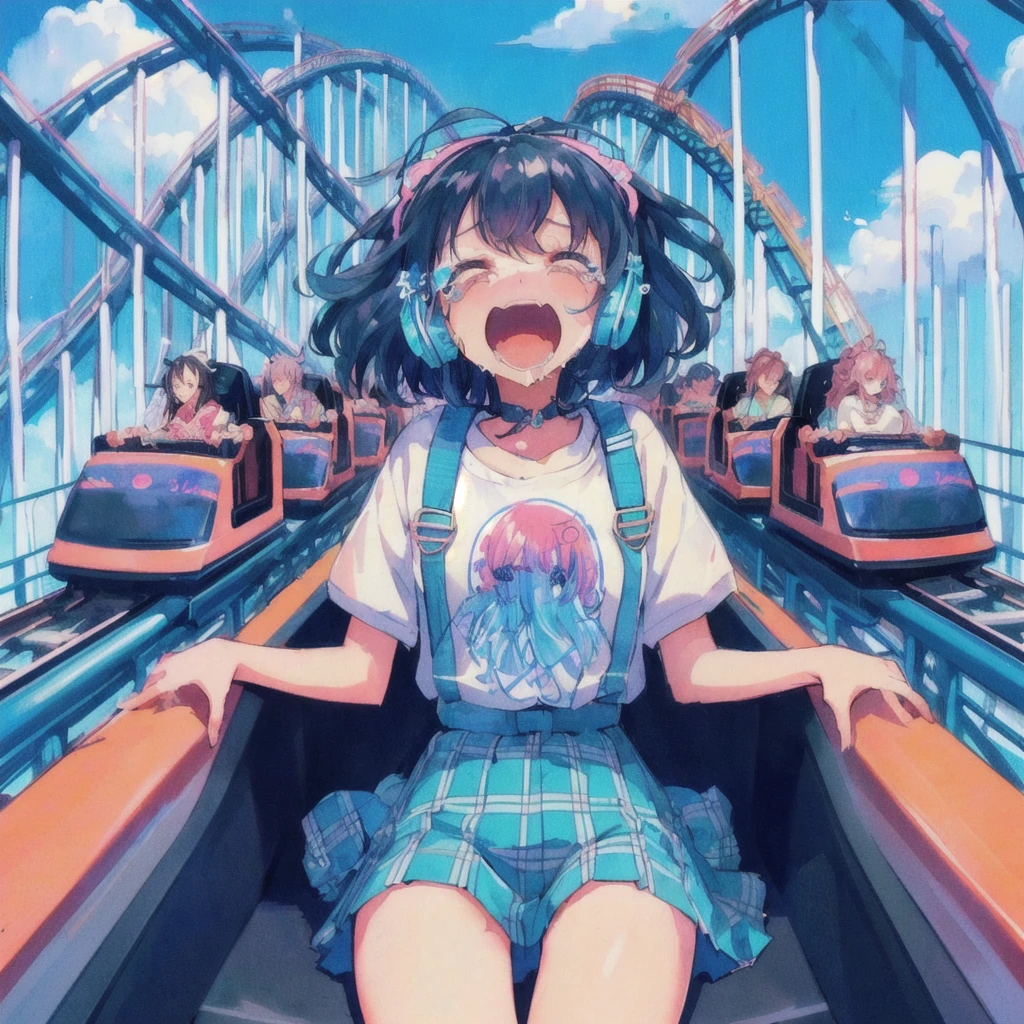 roller coasterに乗っているクラゲのTシャツを着たアニメの女の子, Crying hard,80s anime style, Lo-fi Girl, Anime Aesthetics, amusement park, Anime Aesthetics, Dreamy psychedelic anime, cute aesthetics, vehicle, Anime illustration, roller coaster, Anime Graphic Illustration, Anime-style illustrations, Girl Screamin' Yoro - Esthetics, Decora style illustrations, junko enoshima, lofi album art