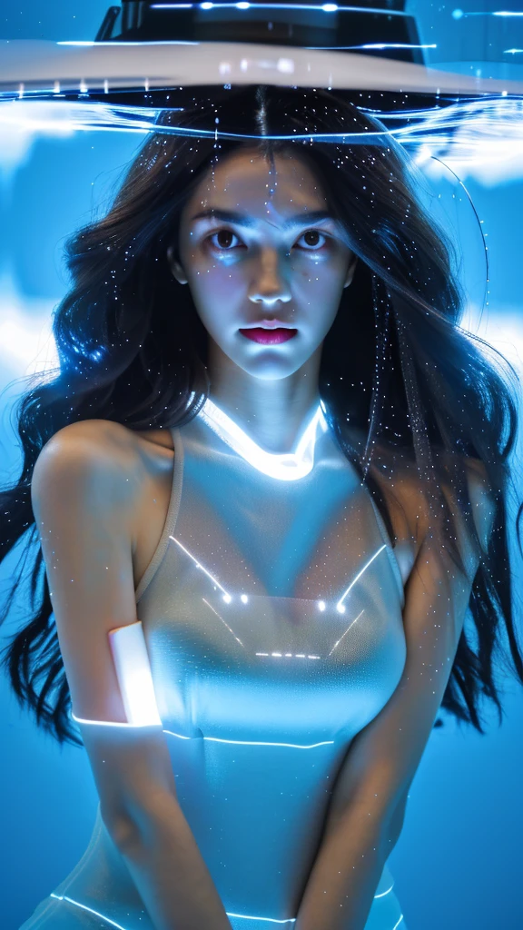 8K,RAW Photos,Highest quality,masterpiece,Realistic、Realistic,woman,Android,cyborg,Age 27,Glamour,whole body ,see through body,Transparent glass body,Electronic systems in the body,See inside the body,Connection line,whole bodyに光るチューブ,Connected glowing wires,Transparent mechanical body,Wet body,Gray long hair,wet hair,messy hair,double eyelid,Big eyes,Glowing LED lamp,35mm camera,