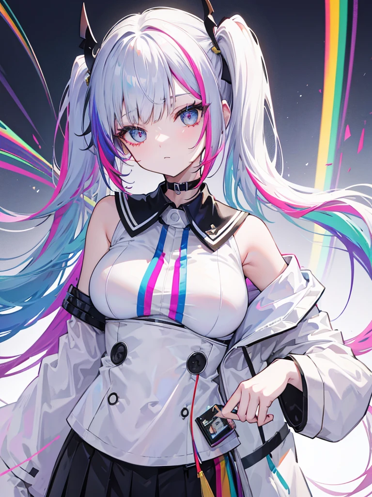 rainbow colored hair, twin tail, Moderate breasts, White uniform, black choker, Off shoulder