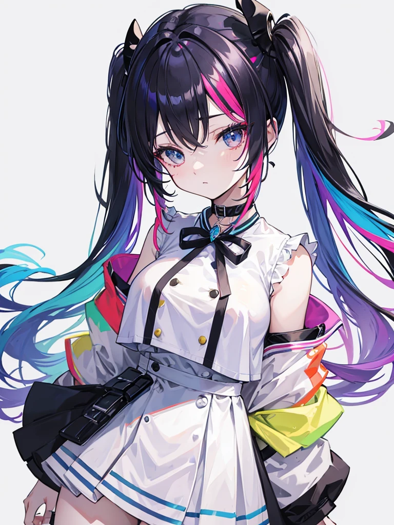 rainbow colored hair, twin tail, Moderate breasts, White uniform, black choker, Off shoulder