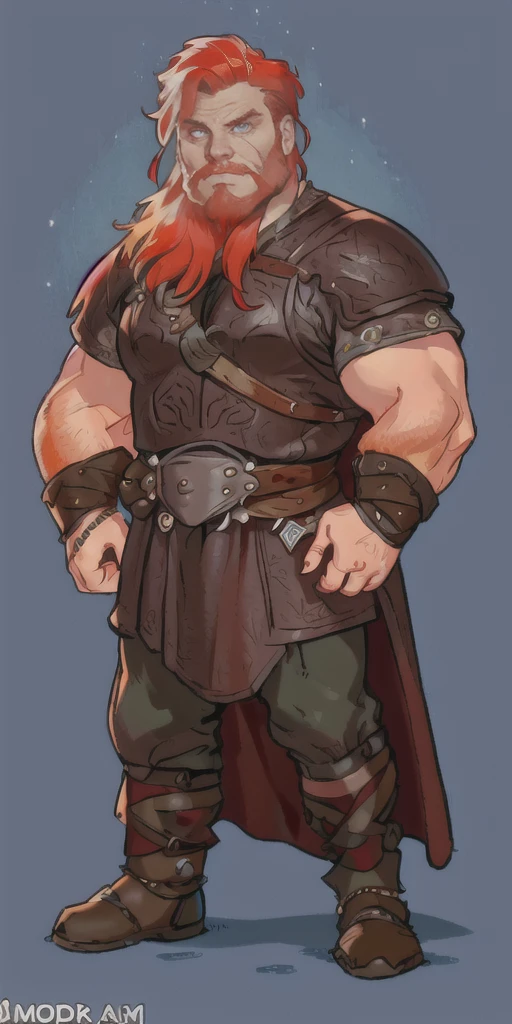 Ingólfr Einarr is a 40-year-old red-haired Viking man with a full and long beard, extroverted, muscular and very attractive, who wears his imposing medieval armor. hyper detailed and super realistic. cartoon style