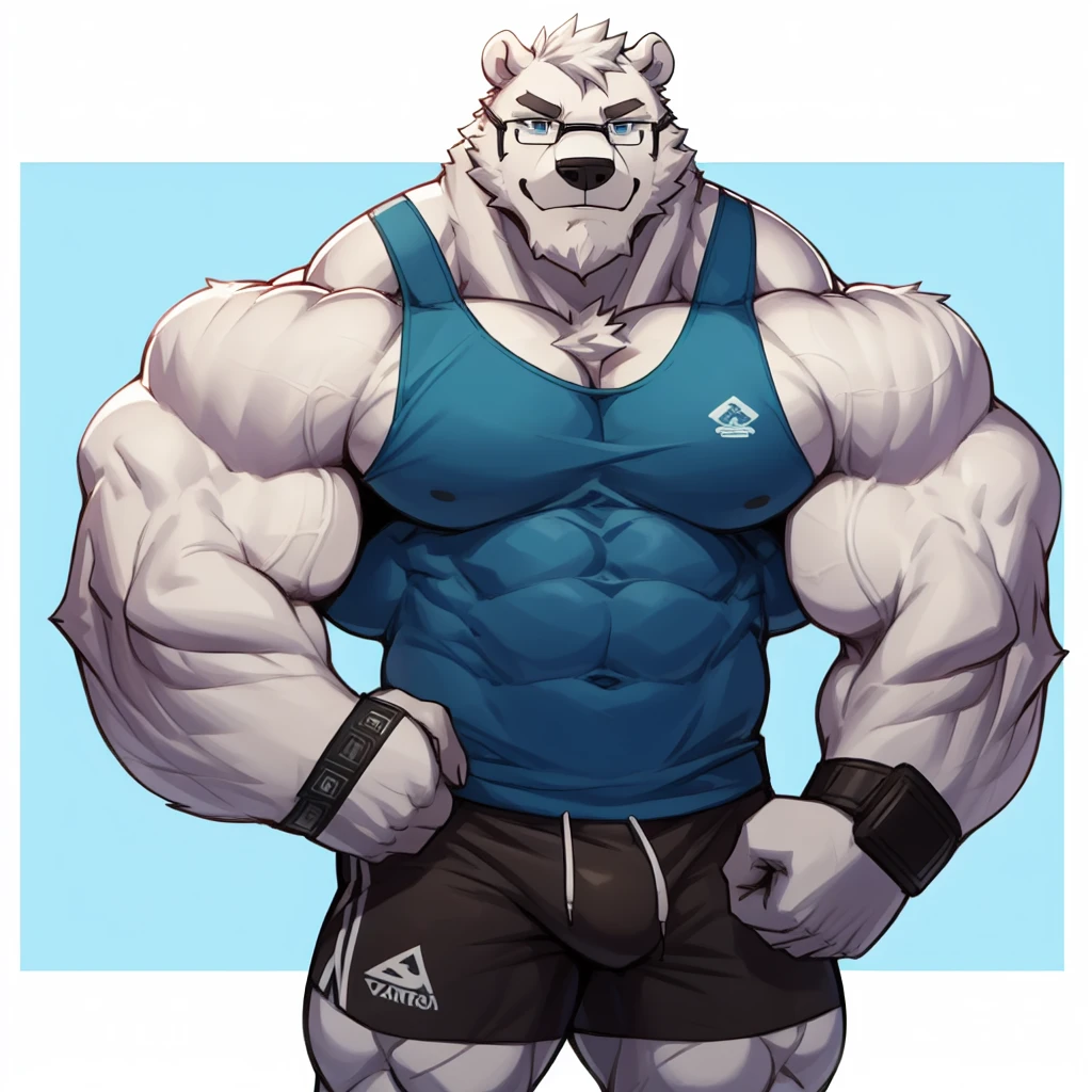 solo, 1boy, Huge Muscular White Polar Bear wearing glasses, huge white fur, pectoral, huge pectoral, wide pectoral, short white hair, blue colored gym shorts, blue colored wristbands and blue colored tank top, white bearded, white Mustache, white fur, simple background, masterpiece, high detailed, 8k, high resolution, at the gym, flexes huge muscles