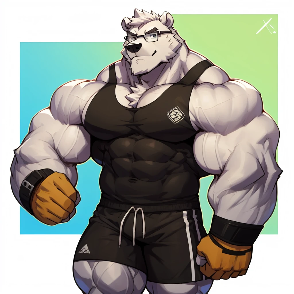 solo, 1boy, Huge Muscular White Polar Bear wearing glasses, huge white fur, pectoral, huge pectoral, wide pectoral, short white hair, blue colored gym shorts, blue colored wristbands and blue colored tank top, white bearded, white Mustache, white fur, simple background, masterpiece, high detailed, 8k, high resolution, at the gym, flexes huge muscles