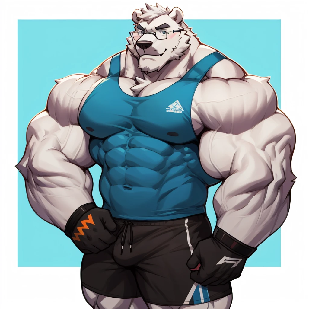 solo, 1boy, Huge Muscular White Polar Bear wearing glasses, huge white fur, pectoral, huge pectoral, wide pectoral, short white hair, blue colored gym shorts, blue colored wristbands and blue colored tank top, white bearded, white Mustache, white fur, simple background, masterpiece, high detailed, 8k, high resolution, at the gym, flexes huge muscles
