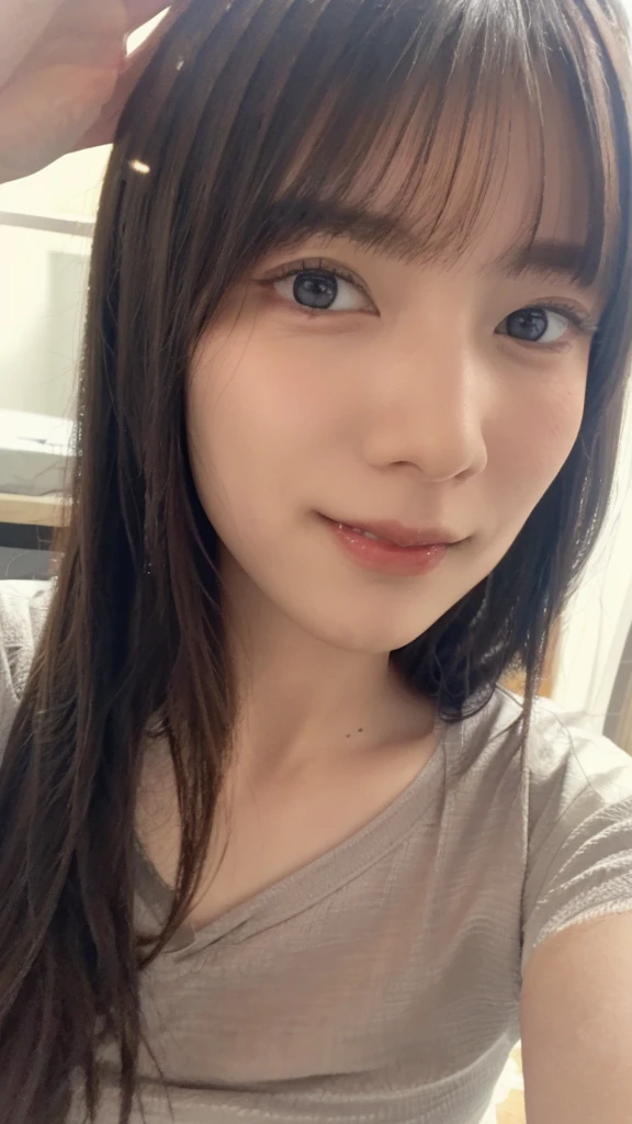 (((smile、Focus on the eyes:1.1、Extremely detailed:1.22、Ultra-high resolution、masterpiece:1.45、Highest quality)))、((((Whole body expression:1.68、camisole、Leaning forward、One person))))、long, straight black hair、So that every single hair is clearly visible、The subtle color changes of hair depending on how the light hits it、 Skin has a natural glow、Fine skin texture、Representing the fine details of pores:1.25、Details of the light redness on the forehead and cheeks、(((Eyes with fine iris details、The eyes depict color gradations and patterns.、Long, natural-looking eyelashes, each and every one visible、Well-groomed eyebrows、眉毛のindivual々The hair is clearly visible、Light reflecting off into the eye、The light in the eyes creates small highlights)))、The nose is delicate、Fine detail on the nostrils、Lips are plump and naturally pink、Depicts the fine lines and soft curves of the lips、lips are shiny and、The gloss on your lips accentuates their shape.、(((Detailed depiction of lip texture、Particular attention to the depiction of light and shadow、Soft natural light gently illuminates the face from the front、A faint glow on the forehead、A slight shine on the nose、A slight glow on the cheeks、Shadows are cast softly along the contours of the face、Accentuate the sides of your cheekbones、Accentuate the sides of the jawline、Emphasize the sides of the nose、The gloss on her lips reflects the light faintly、Lips emphasize the plump texture、The shadow of the hair gives depth and dimension、indivual々The hair shines in the light、
