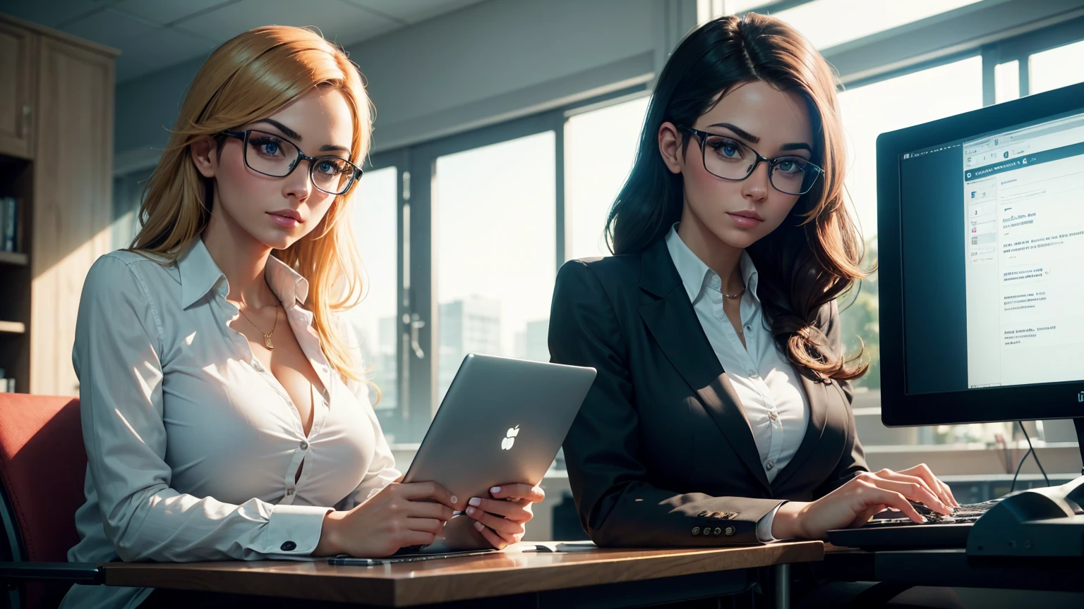 Attractive woman, Home Office, Sit at a desk, Using a laptop, Online game screen, Focused gaze, Stylish glasses, Business Casual, Warm lighting, Photorealistic
