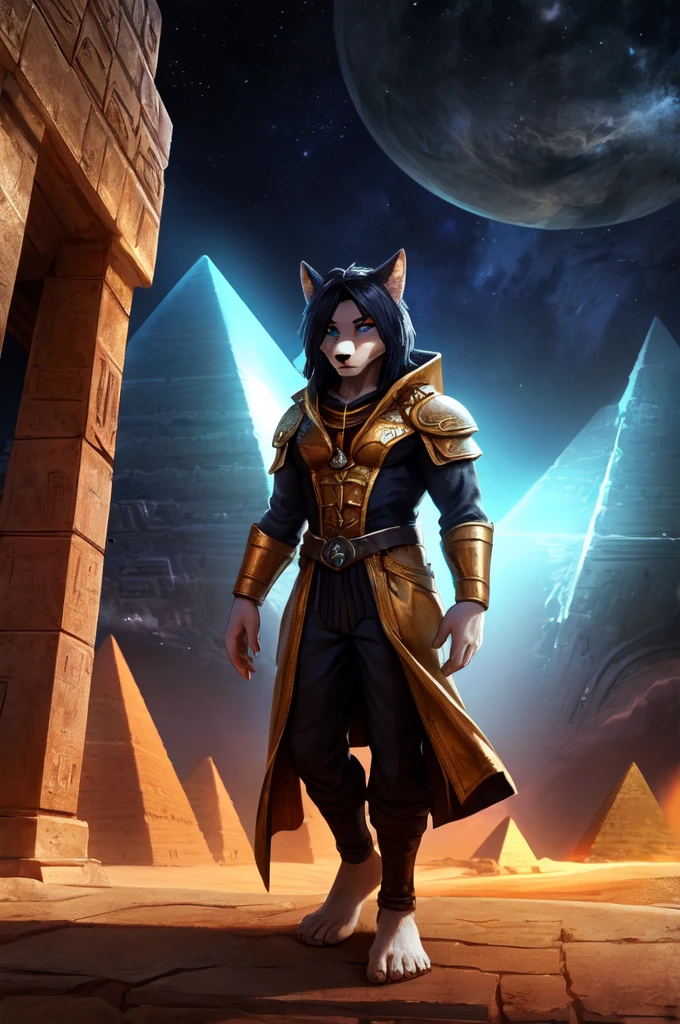 (((Barefoot furry character, full body, cinematic setting, furry male, plantigrade)))

See the earth at the peak of it's glory -
Days that are long gone.
The greatest empire of the ancient times
Behold the light so bright it blinds your eyes!
((Atlantis!))
Ancestor of Mankind
Those who have united
The earth under One Name
See the greatest city stand
In Anabiosis
What has once ruled all the world -
Mighty Poseidonis!
The great ((pyramids)) in place
Shelter us from danger,
We send ships to distant worlds,
Fearing not their anger.

BREAK, ((science-fiction scenery)), hitech civization, intricate details, highly detailed, extreme detail, octane render, fine art, best quality, highres, (detailed face:1.5), ((full_body)), respecting golden ratio, UHD, (((perfect hands))), low light