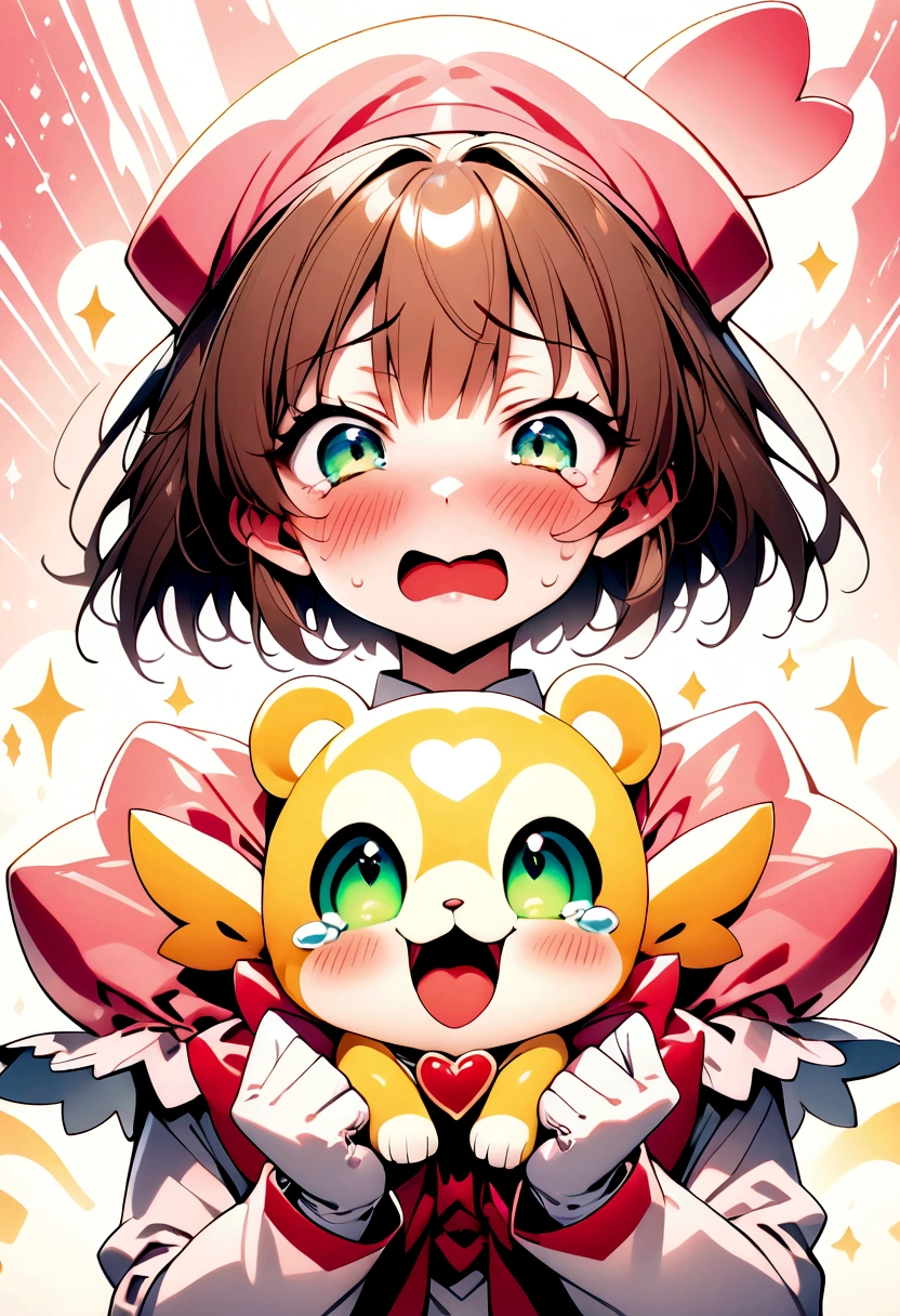 {{{ai-generated}}}、zest_(lossol), cardcaptor_sakura, kero, kinomoto_sakura,blush, bow, brown_hair, card, pink_headwear,、angry、tearful, gloves, green_eyes, magical_girl, 1girl,3boy {{{{{two face focus}}}}, {{{{{orc licking to girl cheek}}}}},, best quality, amazing quality, very aesthetic, absurdres, best quality, amazing quality, very aesthetic, absurdres