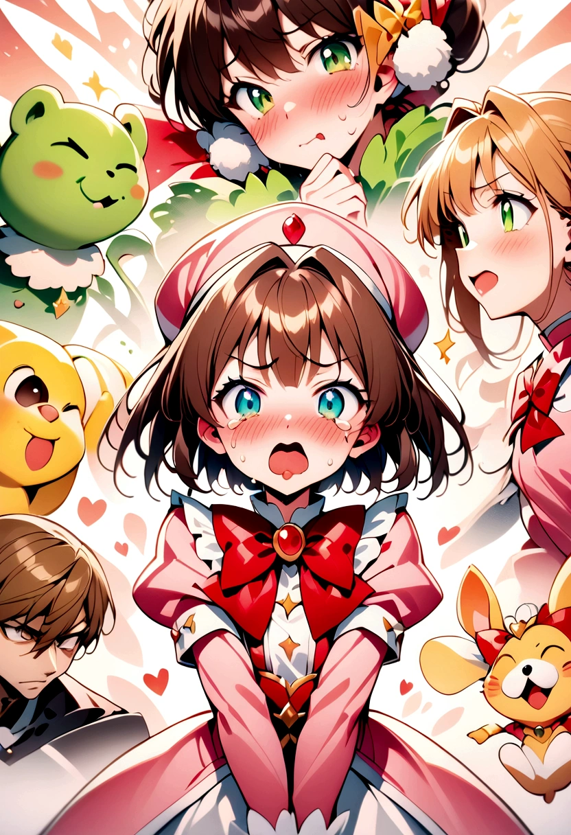 {{{ai-generated}}}、zest_(lossol), cardcaptor_sakura, kero, kinomoto_sakura,blush, bow, brown_hair, card, pink_headwear,、angry、tearful, gloves, green_eyes, magical_girl, 1girl,3boy {{{{{two face focus}}}}, {{{{{orc licking to girl cheek}}}}},, best quality, amazing quality, very aesthetic, absurdres, best quality, amazing quality, very aesthetic, absurdres