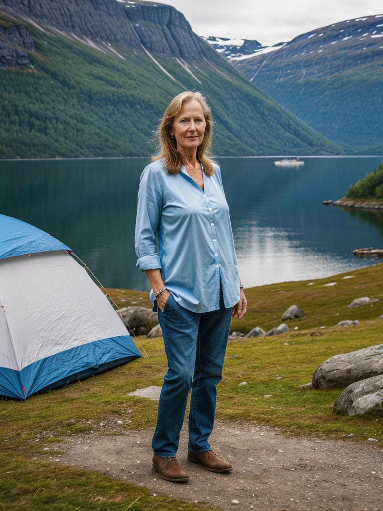 Liv Ullman, her name is Freydis, high quality, 1 old woman, ((50-year-old SLIM dutch woman)), ((50 years old)), (((wrinkled body))), ((((old body)))), ((LONG HAIR)), (((no make up))), (pale skin), (((blue eyes))), she is wearing stylish camping gear for old women, POSE: standing, adventurous, exciting BACKGROUND: outdoor: FJORD CAMPSITE IN NORWAY