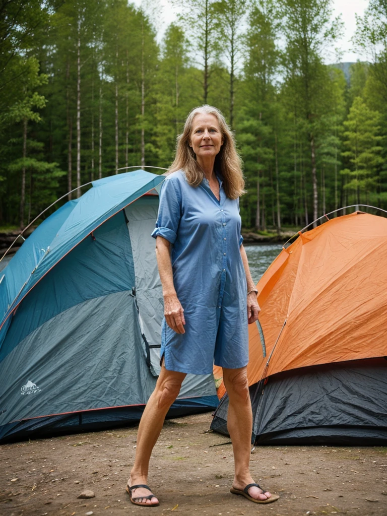 Liv Ullman, her name is Freydis, high quality, 1 old woman, ((50-year-old SLIM dutch woman)), ((50 years old)), (((wrinkled body))), ((((old body)))), ((LONG HAIR)), (((no make up))), (pale skin), (((blue eyes))), she is wearing stylish camping gear for old women, POSE: standing, adventurous, exciting BACKGROUND: outdoor: FJORD CAMPSITE IN NORWAY