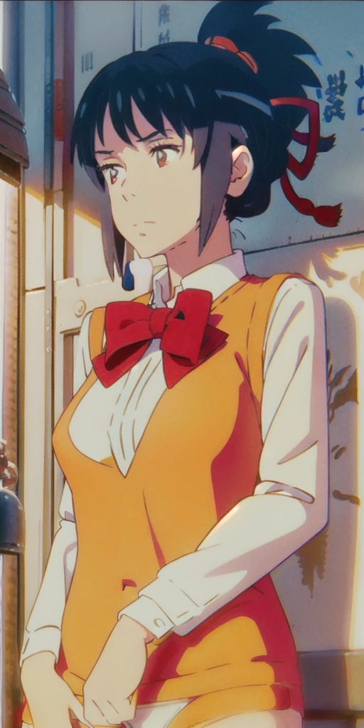 miyamizu_mitsuha, red bowtie,
jewelry, white yoga crop top, white yoga tight shorts, hands on chest,see-through, looking at viewer,  hair ornament, choker, shy,
(masterpiece, top quality, best quality, official art, beautiful and aesthetic:1.2), (1 girl), extreme detailed,  colorful, highest detailed,
(huge breasts:1.2, upper body, from below,  cameltoe,  ) white panties,
china city,street,  sun, cloud, wall, leaning,