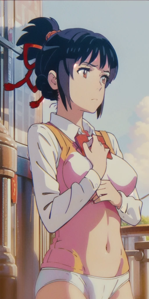 miyamizu_mitsuha, red bowtie,
jewelry, white yoga crop top, white yoga tight shorts, hands on chest,see-through, looking at viewer, hair ornament, choker, shy,
(masterpiece, top quality, best quality, official art, beautiful and aesthetic:1.2), (1 girl), extreme detailed, colorful, highest detailed,
(huge breasts:1.2, upper body, from below, cameltoe, ) white panties,
china city,street, sun, cloud, wall, leaning,