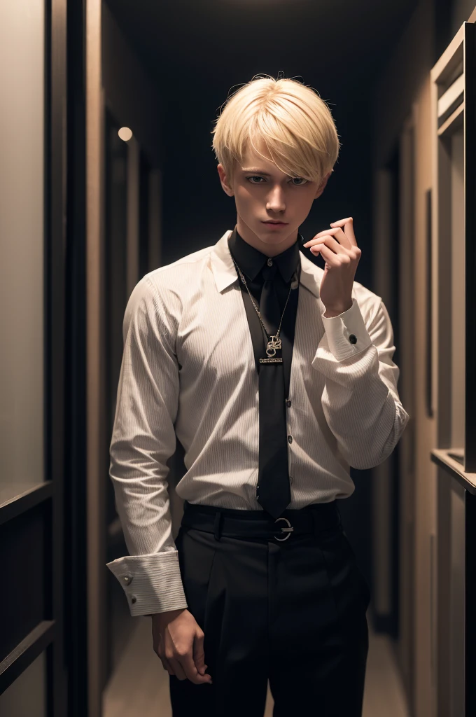 A blond man with straight, short hair, vestindo roupas pretas, is standing in a completely dark place. He holds a chess pawn between his thumb and forefinger. Your face is blurred with a black censorship stripe running over your eyes.. He's on top of a giant chessboard, with the pieces floating around him. The man's clothes and hair appear to be moving, even though he is still. He is standing, with head down, conveying sadness and loneliness. The image must be extremely realistic and the angle must be cinematic.