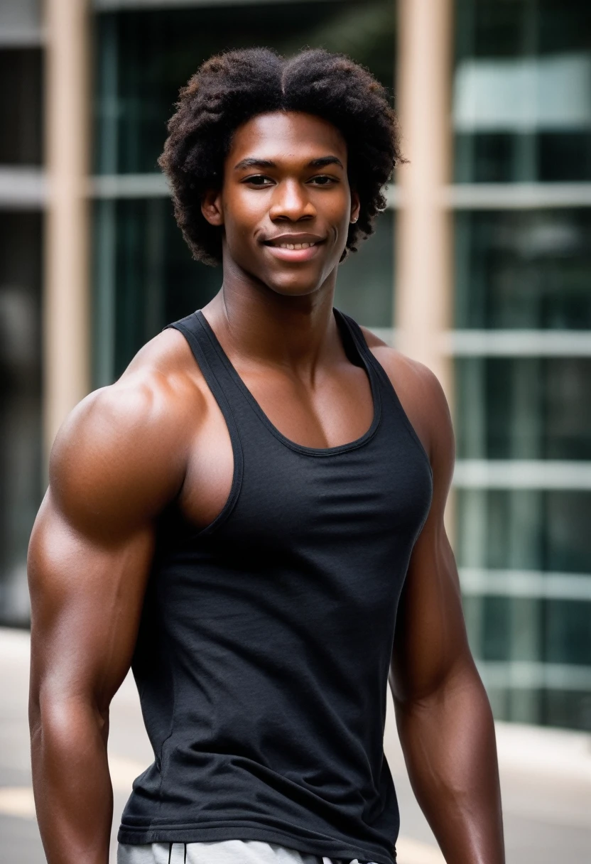 16 year old teenage boy, defined musculature, dark-toned black skin, brown eyes close up, rectangular face, medium curly black hair, thick lips, double chin, defined jaw, six pack abs, wearing no shirt, confident grin, appealing, sensuous, wearing tight short shorts.
