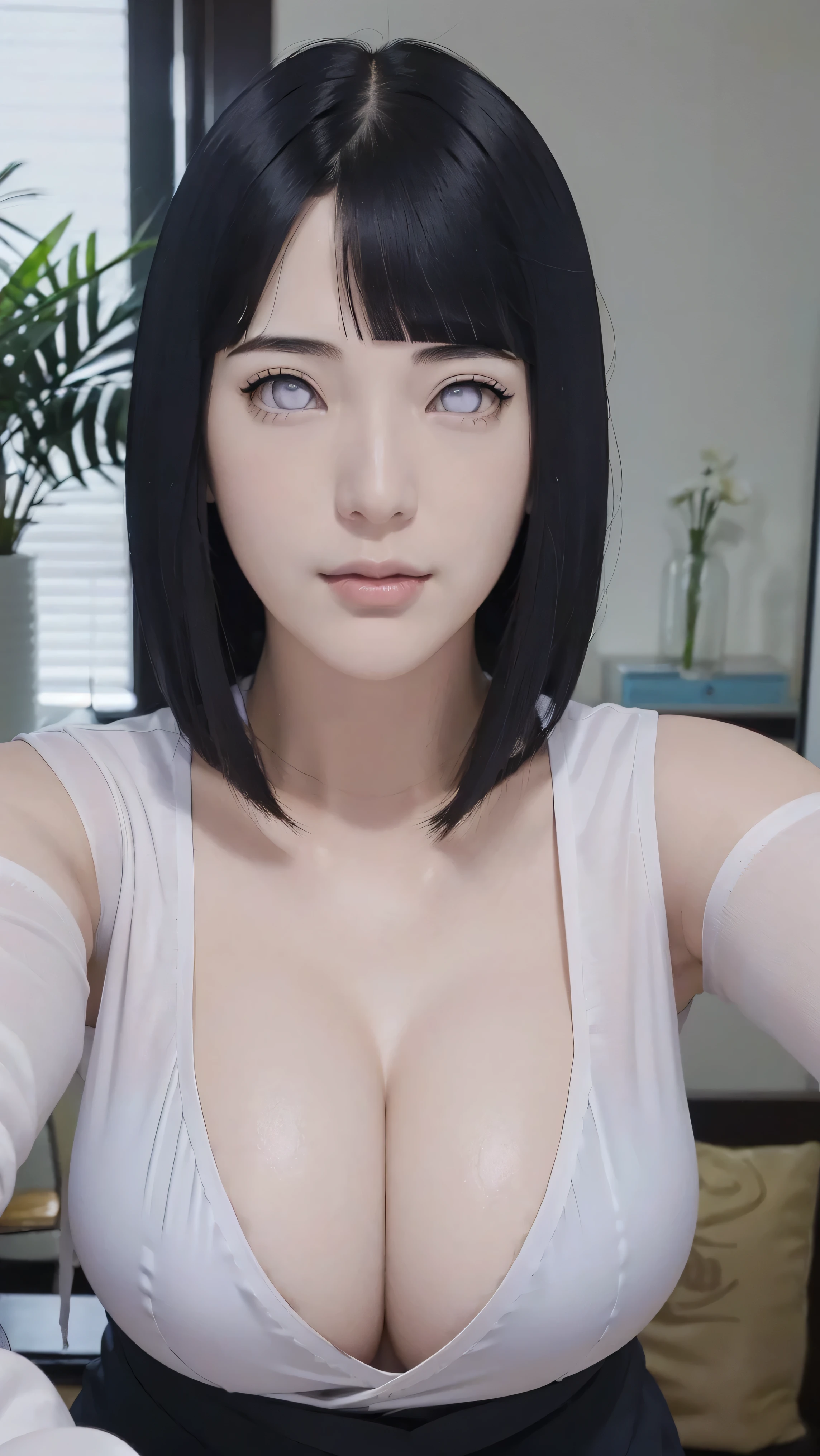 masterpiece, hinata\(boruto\), 1girl, mature women, (((office uniform))), (((selfie))), (((Close-up photo))), (((Closed Clothing))), (((cleavage))), (((big breasts))), (((big round breasts))), (((round breasts))), (((extremely heavy breasts))), (((Colossal tits))), (((heavy breasts))), (((plump breasts))), (((perfect breasts))), (((office room))), (shy face), detailed lips, beautiful face, blush, (pink lips), (((long hair))), white eyes, gentle gaze, smile, super realistic, detailed, realistic face and body, realistic hair, realistic eyes, realistic nose, realistic lips, seductive pose, (((straight bangs))), (dark blue hair), 28 year old girl