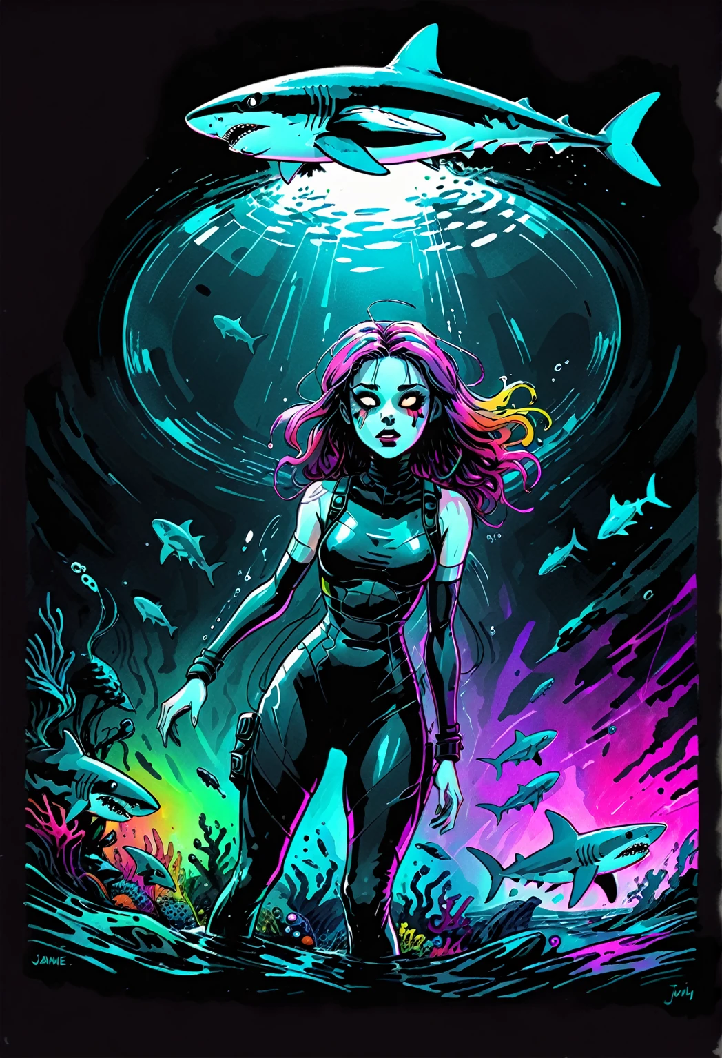 deep sea abyss, darkness, black, shades of grey, VHS, glitch, distorted, nostalgia, 90's retro vibes, analog tape, vcr aesthetics, tv, television, hand drawn, (full roygbiv color) ink charcoal expressive illustration, no light source, darkness, light mask uv rays across face, illustate (jamie hewlett style) tank girl, riding a shark submarine, sketch, unfinished, expressive ink bold line style, cinematic, splash page, wearing deep sea submersion suit, submarine shark sense of movement and energy