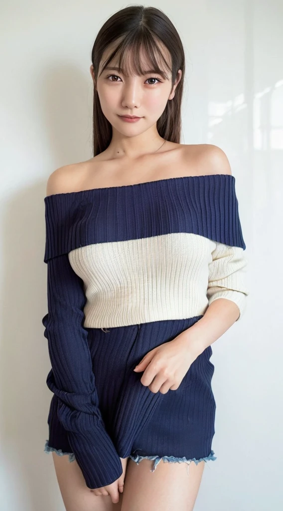 ((Highest quality, 8K, masterpiece: 1.3)), sharp: 1.2, Perfect Body Beauty: 1.4, Slim Abs: 1.2, ((nude、Big Breasts: 1.2)), (((Ribbed sweater:1.3, Off-the-shoulder sweater))), Short shorts:1.2, Bare shoulders, (((Underbust: 1.1))), Face close-up: 1.0, Highly detailed face and skin texture, Beautiful Eyes, double eyelid, (((Looking down at the camera)))