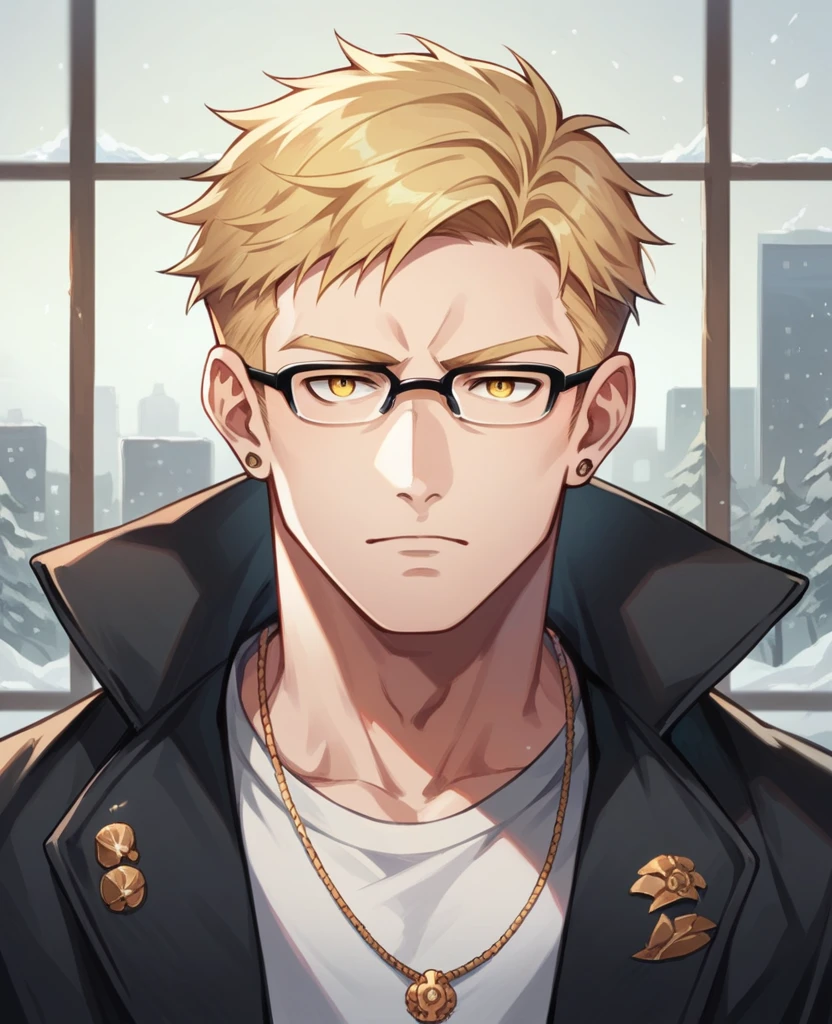 anime, male, short hair, blonde hairs, gold eyes, 180cm, six pack, handsome, pale skin, bad boys, wear glasses, mavia, black, cool, modern, ceo, alone