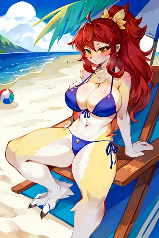A sexy female bird wearing a bikini is sitting on giant beach ball at the beach.