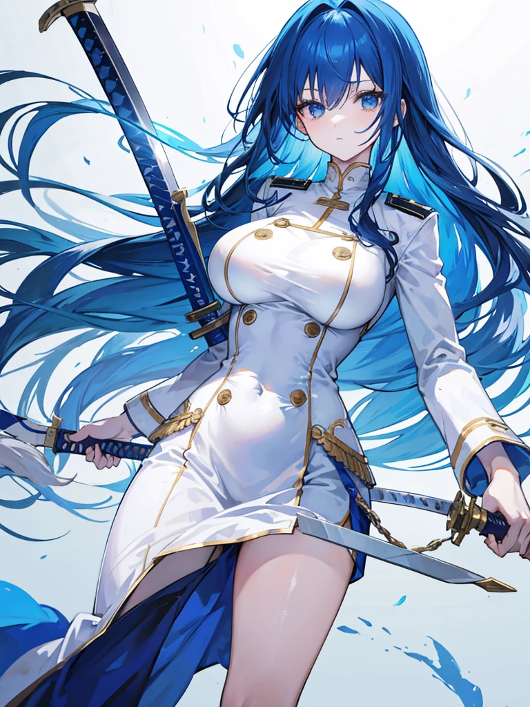blue hair, expressionless, neat white uniform, holding a sword, very large breasts, long straight hair
