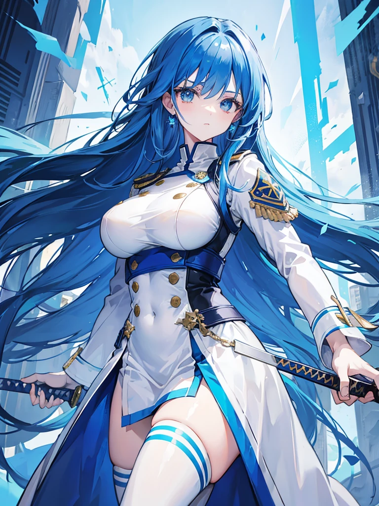 blue hair, expressionless, neat white uniform, holding a sword, very large breasts, long straight hair

