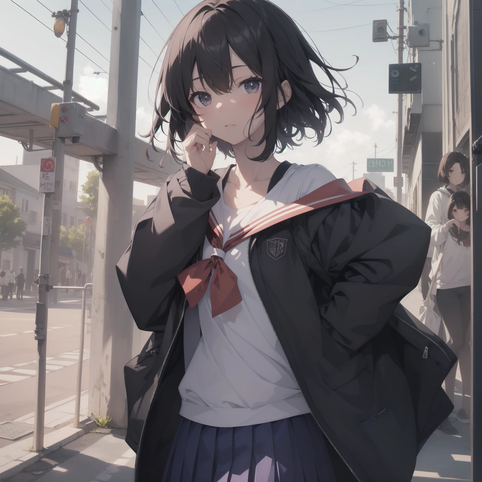 ultra-absurdres-Top quality by artist God, ultra-detailed, high resolution, anime moe artstyle, best anime 8k konachan wallpaper, pixiv contest winner, pool:2810, perfect anatomy,break, 1girl, (Please draw a girl walking sleepily to school alone. )break,(Solo,little female, -yeld:1.Full limbs, complete fingers,a junior hihort hair), short cut, flat chest, , small butt, small black eyes, beautiful detailed eyes, well-proportioned iris and pupils, expressive eyes, highres detailed hair, soft expression, salor school_uniform, sailor collar, serahuku, bow, pleated skirt,(Detailed Lighting), (Detailed background), in the School commute route. break,super detailed skin, Best cinematic lighting powered by famous artist, 8k,beauty illustration,photoshop_(medium),very aesthetic,break,((artist:enkyo_yuuichirou )), artist:clamp ,artist:carnelian ,artist:kantoku ,
