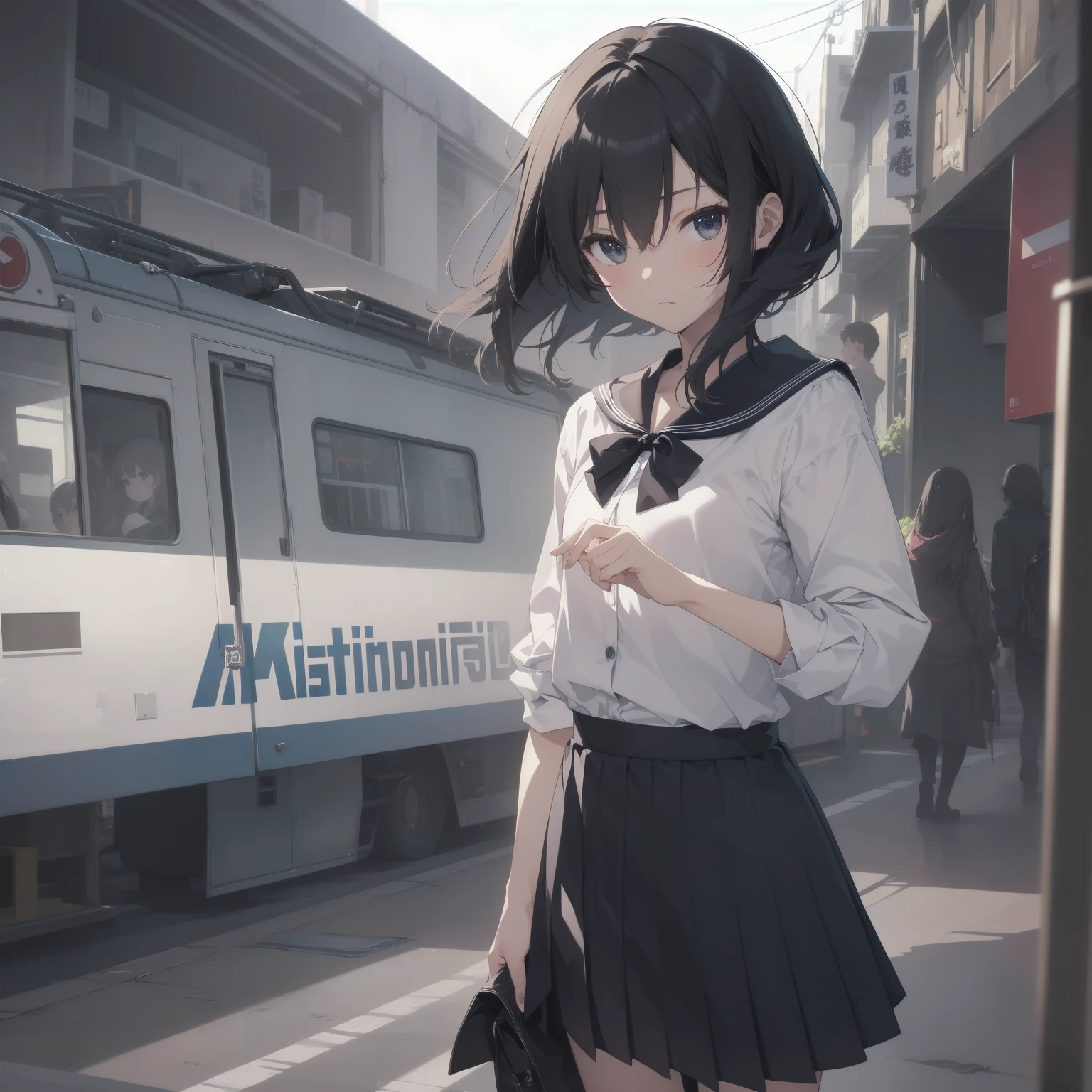 ultra-absurdres-Top quality by artist God, ultra-detailed, high resolution, anime moe artstyle, best anime 8k konachan wallpaper, pixiv contest winner, pool:2810, perfect anatomy,break, 1girl, (Please draw a girl walking sleepily to school alone. )break,(Solo,little female, 13-year-old:1.3),Full limbs, complete fingers,a junior high school student, (very short hair), short cut, flat chest, , small butt, small black eyes, beautiful detailed eyes, well-proportioned iris and pupils, expressive eyes, highres detailed hair, soft expression, salor school_uniform, sailor collar, serahuku, bow, pleated skirt,(Detailed Lighting), (Detailed background), in the School commute route. break,super detailed skin, Best cinematic lighting powered by famous artist, 8k,beauty illustration,photoshop_(medium),very aesthetic,break,((artist:enkyo_yuuichirou )), artist:clamp ,artist:carnelian ,artist:kantoku ,