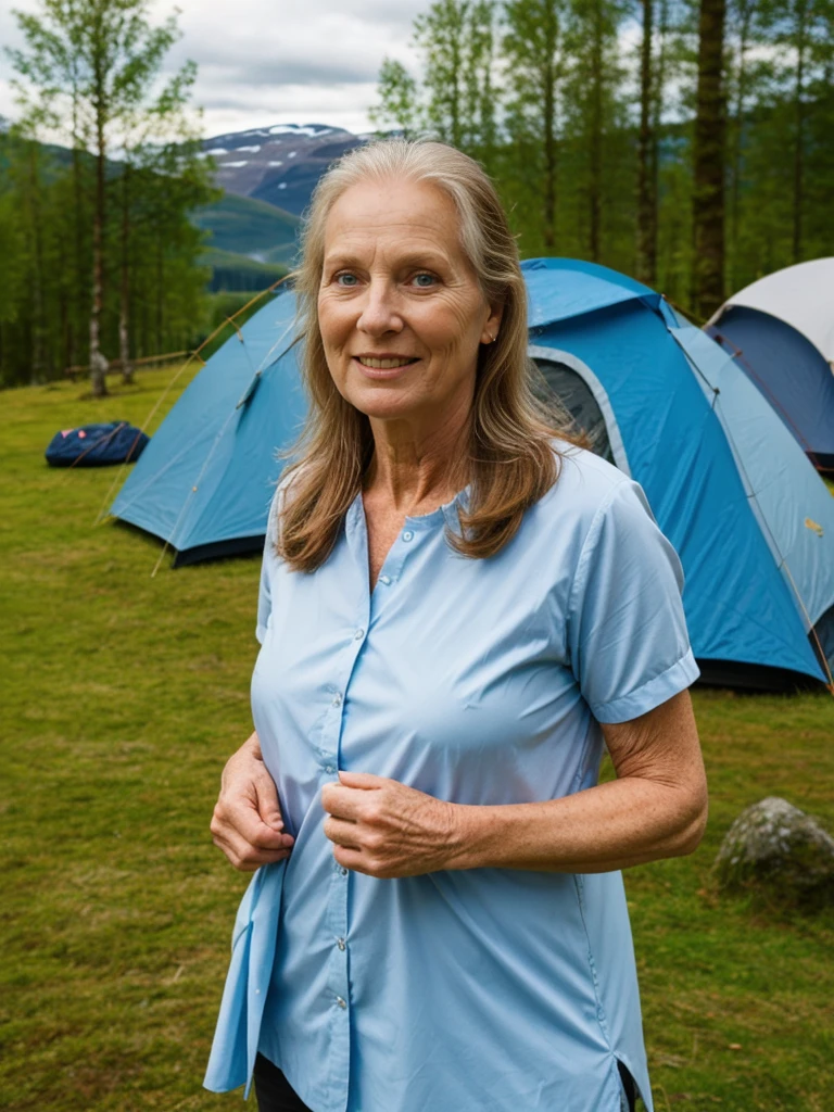Liv Ullman, her name is Freydis, high quality, 1 old woman, ((50-year-old SLIM dutch woman)), ((50 years old)), (((wrinkled body))), ((((old body)))), (((LONG HAIR))), (((no make up))), (pale skin), (((blue eyes))), she is wearing stylish COLORFUL camping gear for old women, POSE: standing, adventurous, exciting BACKGROUND: outdoor: FJORD CAMPSITE IN NORWAY