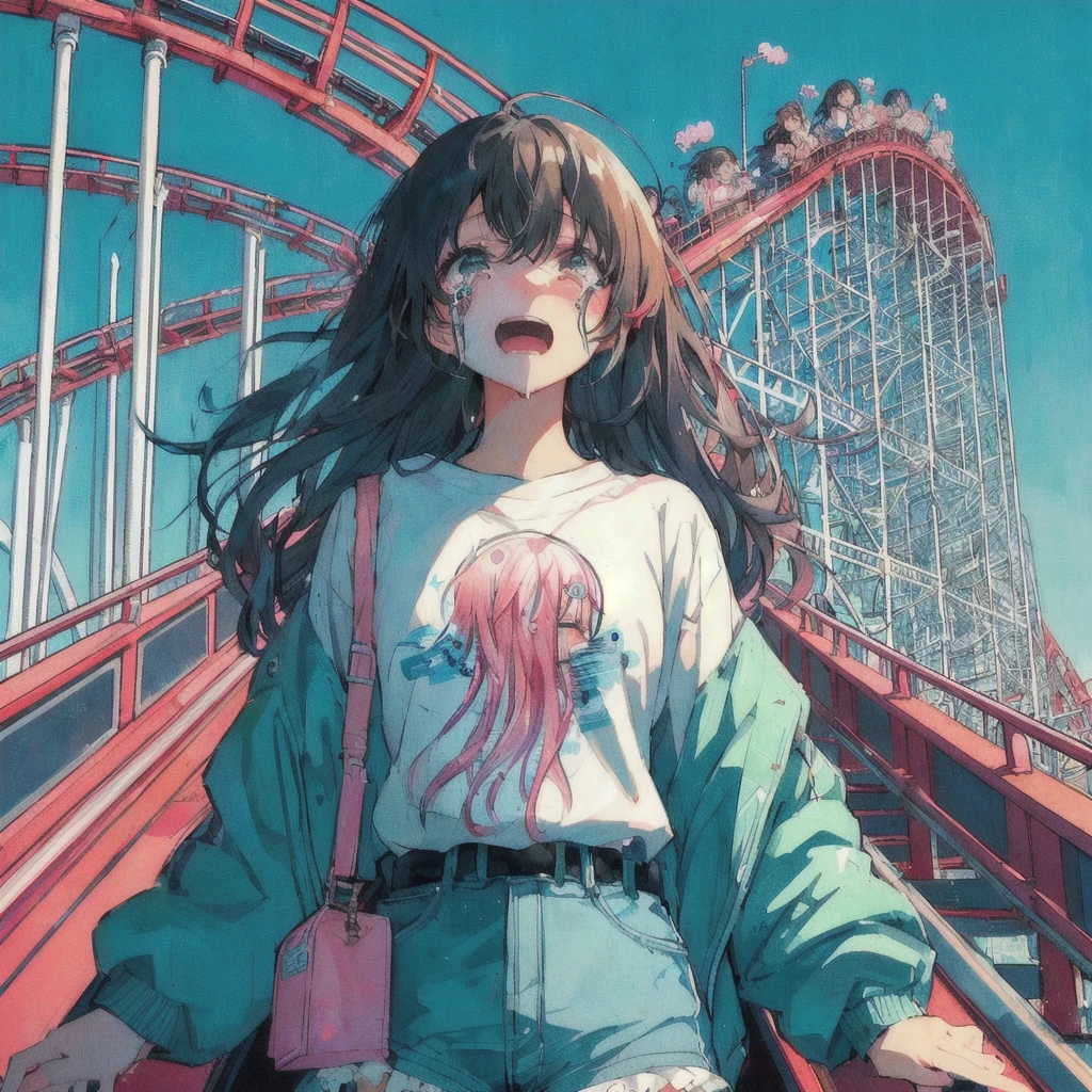 roller coasterに乗っているクラゲのTシャツを着たアニメの女の子, Crying hard,80s anime style, Lo-fi Girl, Anime Aesthetics, amusement park, Anime Aesthetics, Dreamy psychedelic anime, cute aesthetics, vehicle, Anime illustration, roller coaster, Anime Graphic Illustration, Anime-style illustrations, Girl Screamin' Yoro - Esthetics, Decora style illustrations, junko enoshima, lofi album art