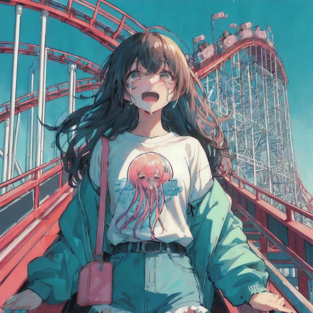 roller coasterに乗っているクラゲのTシャツを着たアニメの女の子, Crying hard,80s anime style, Lo-fi Girl, Anime Aesthetics, amusement park, Anime Aesthetics, Dreamy psychedelic anime, cute aesthetics, vehicle, Anime illustration, roller coaster, Anime Graphic Illustration, Anime-style illustrations, Girl Screamin' Yoro - Esthetics, Decora style illustrations, junko enoshima, lofi album art