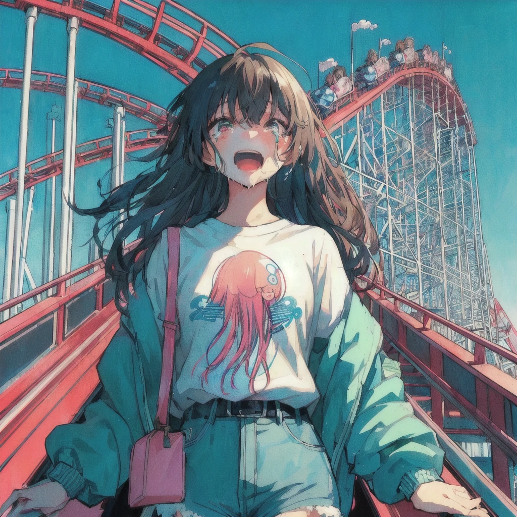 roller coasterに乗っているクラゲのTシャツを着たアニメの女の子, Crying hard,80s anime style, Lo-fi Girl, Anime Aesthetics, amusement park, Anime Aesthetics, Dreamy psychedelic anime, cute aesthetics, vehicle, Anime illustration, roller coaster, Anime Graphic Illustration, Anime-style illustrations, Girl Screamin' Yoro - Esthetics, Decora style illustrations, junko enoshima, lofi album art
