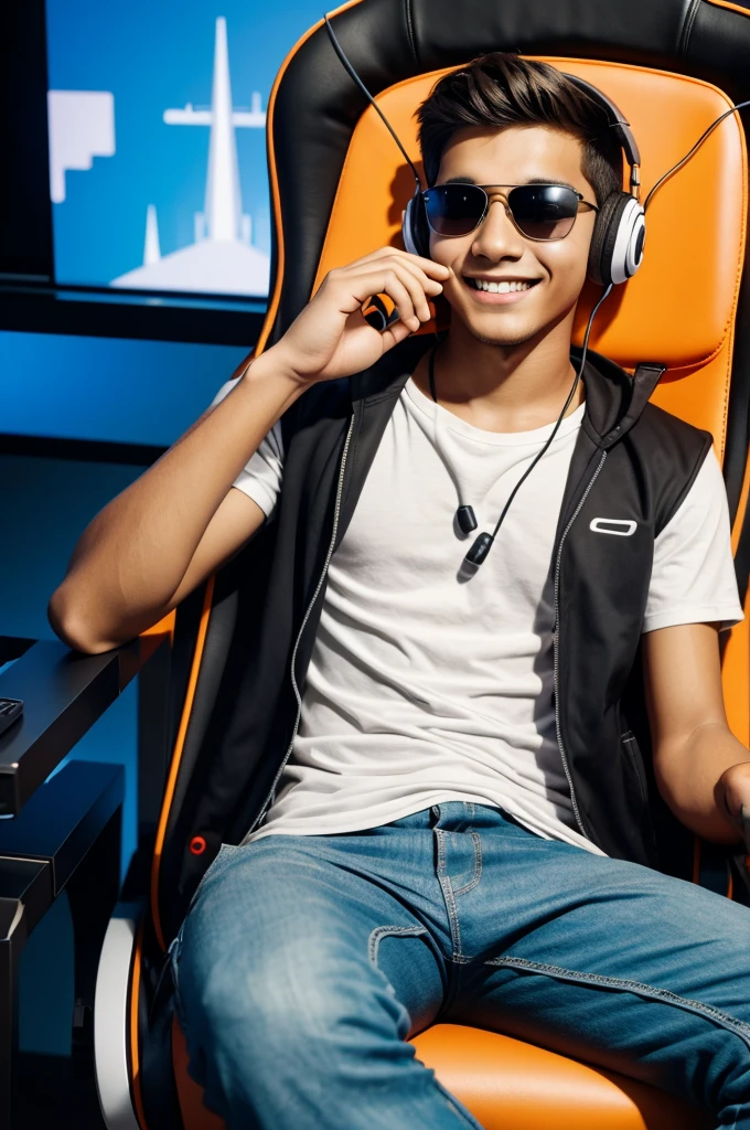 A ager who looks happy with headphones with a cell phone in his left hand with sunglasses sitting in a gaming chair